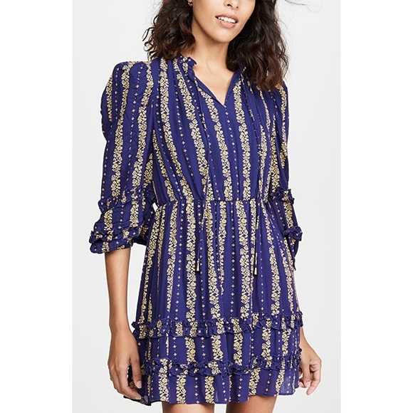 Valencia & Vine Emilie Sun Dress Gold Purple Large 3/4 Sleeves Ruffles Mini - Picture 2 of 10